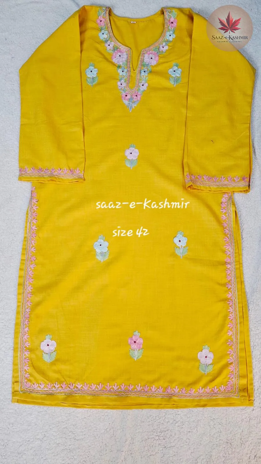 Traditional yellow Kashmiri silk ethnic suit for festive occasions