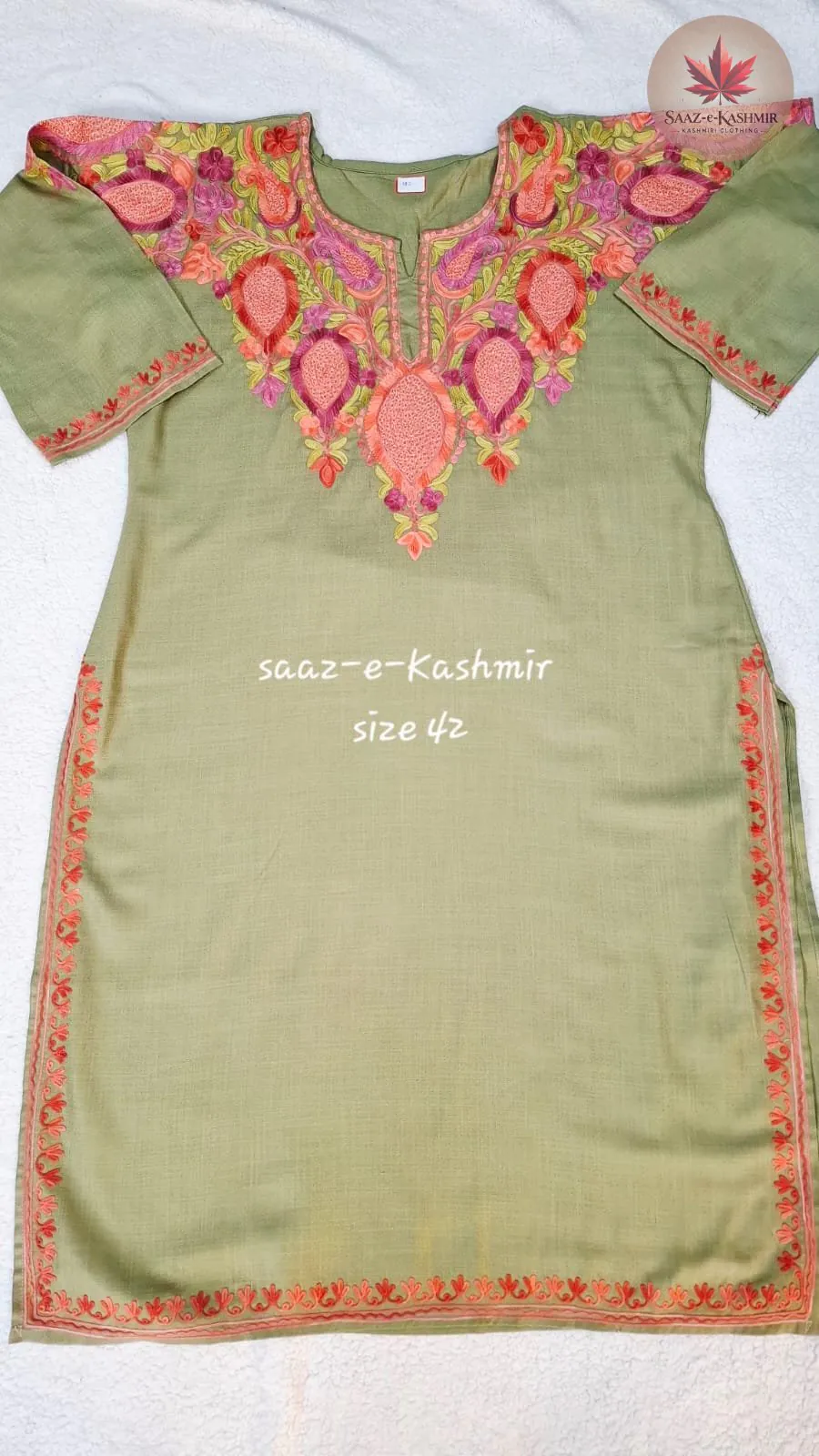 Olive green Kashmiri silk suit with traditional embroidery work