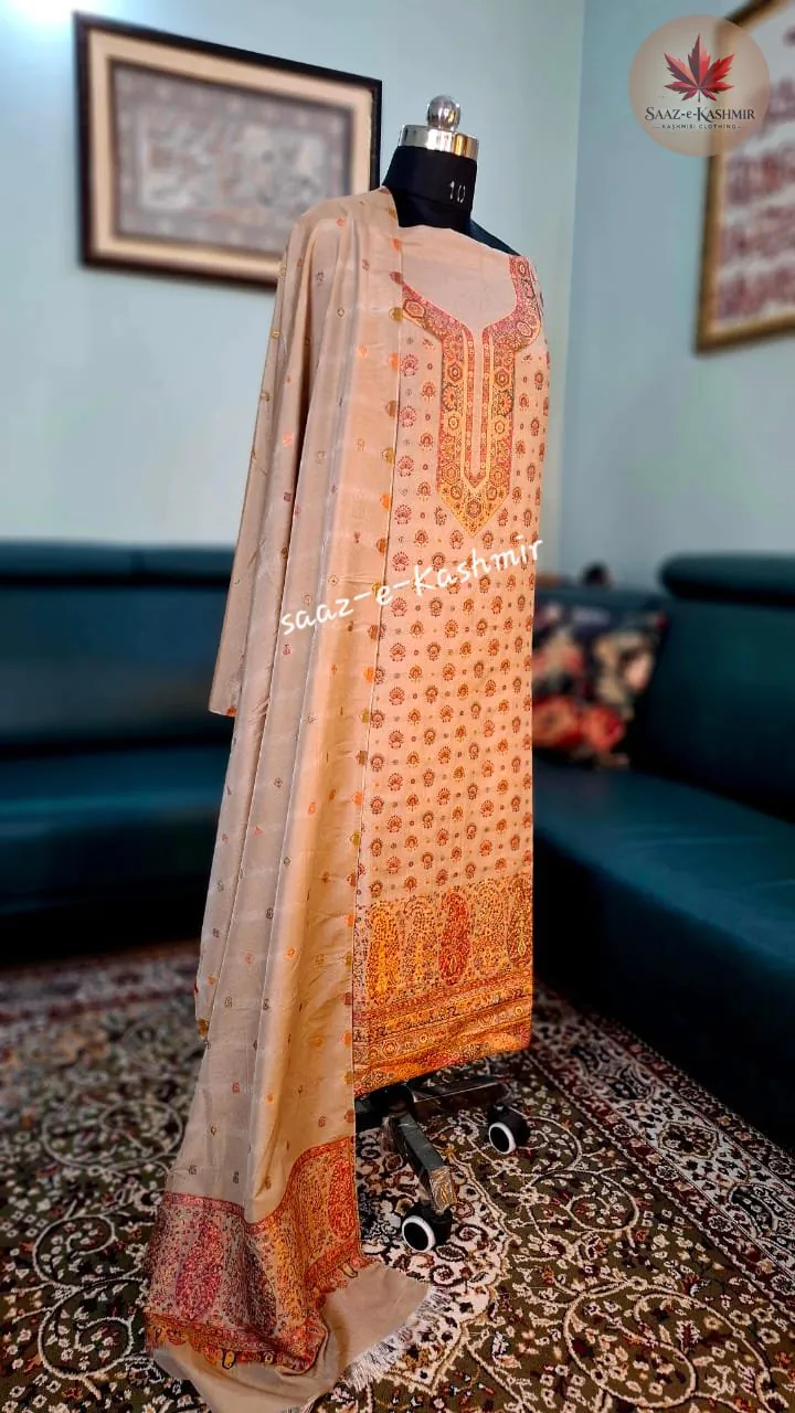 Soft Peach Kani Silk 3-Piece Dress Material – Delicate Heritage Motifs