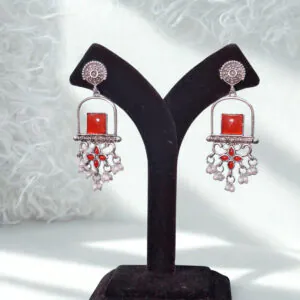 Ruby Red Oxidized Stone Pearl Danglers