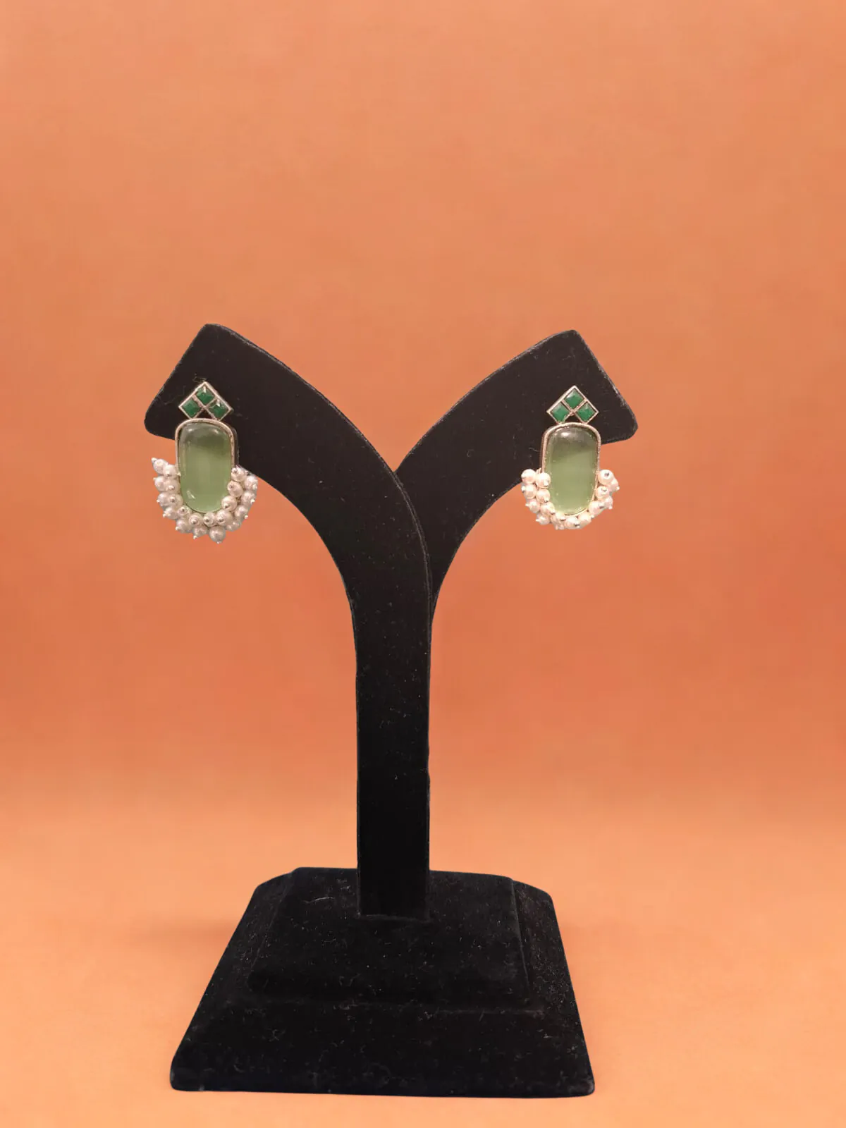 Light Green Stone Stud Earrings with Pearl Detailing