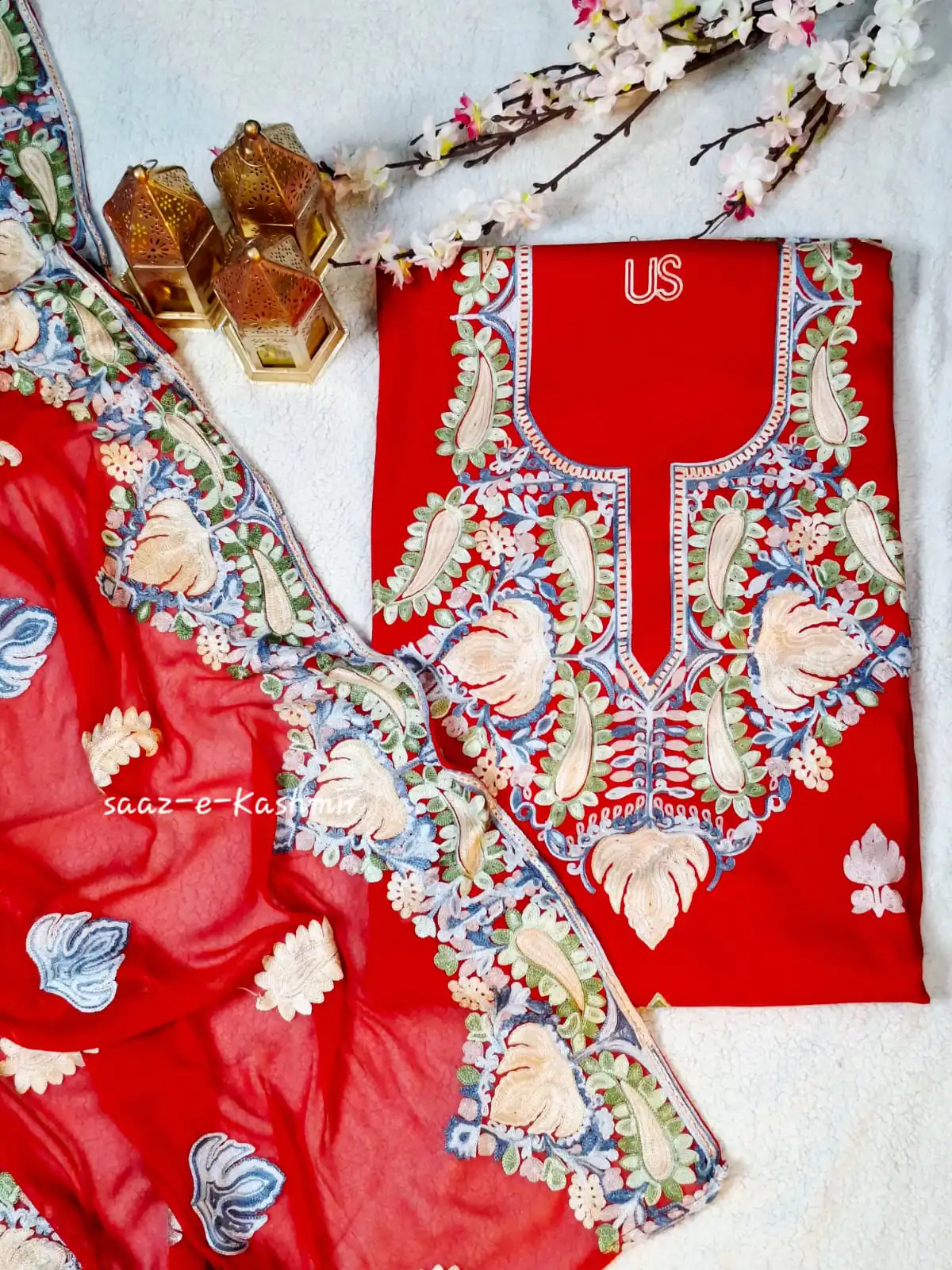 Crimson Red Rayon Aari Dress Material