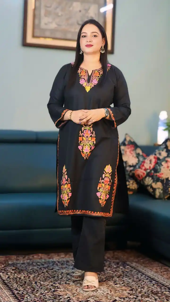 Black Ruby Cotton Kurti with Sunset Floral Aari Work