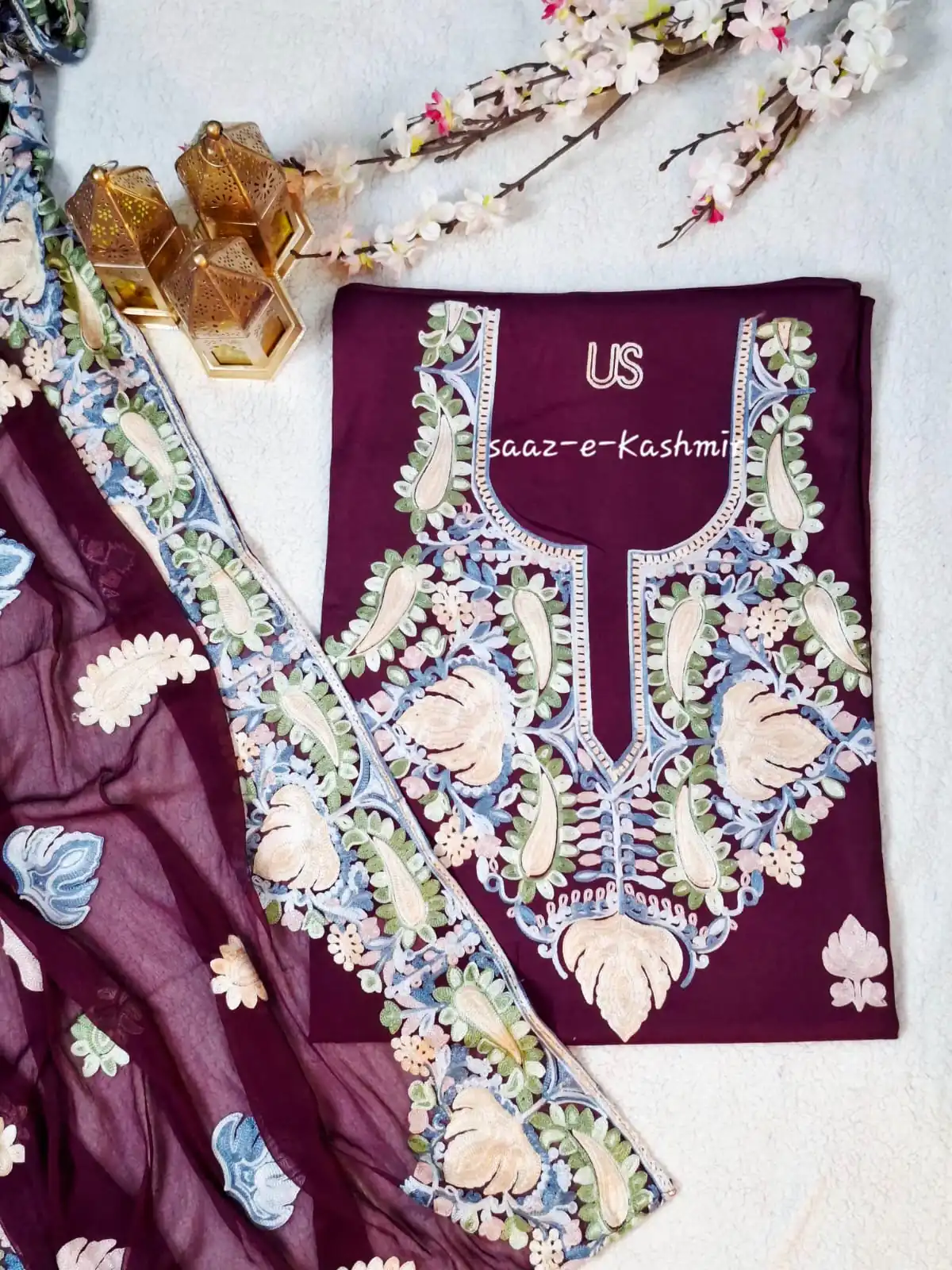 Summer Luxury Rayon Unstitched Suit Set with Kashmiri Aari Work & Chiffon Dupatta